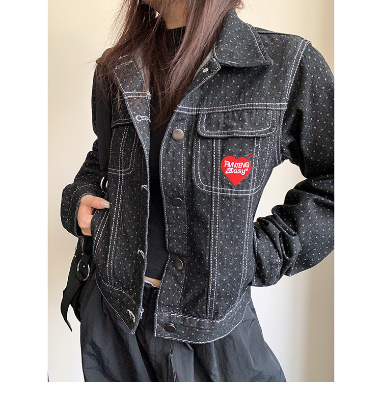 ドット刺繍 ショートデニムジャケット MW10449 胸のハートワッペン