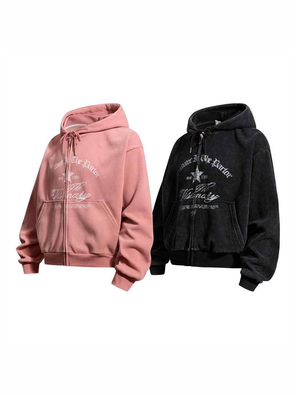 ブラックとピンクのジップパーカーを並べた正面。胸にゴシック体とスクリプト体のプリント