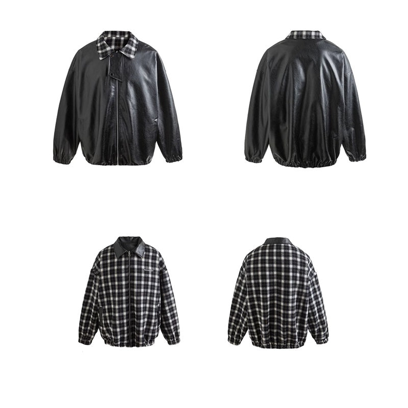 Reversible Contrast Plaid Leather Jacket MW9416