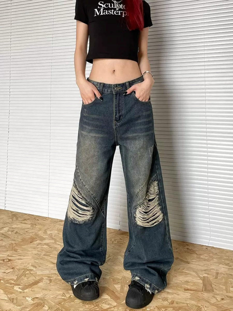 Fake Ripped Wide-leg Straight Jeans