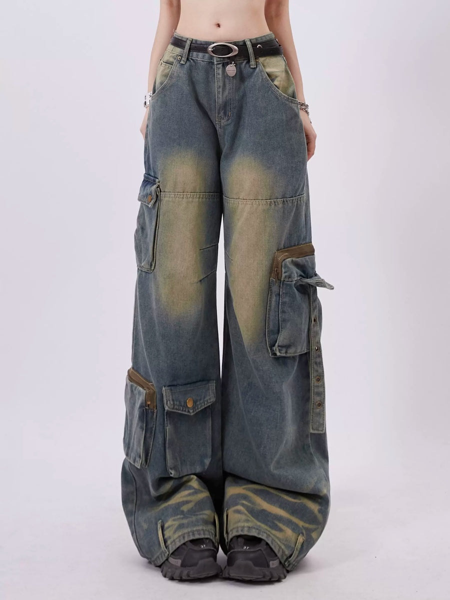 Retro Wash Distressed Loose Cargo Jeans RH027