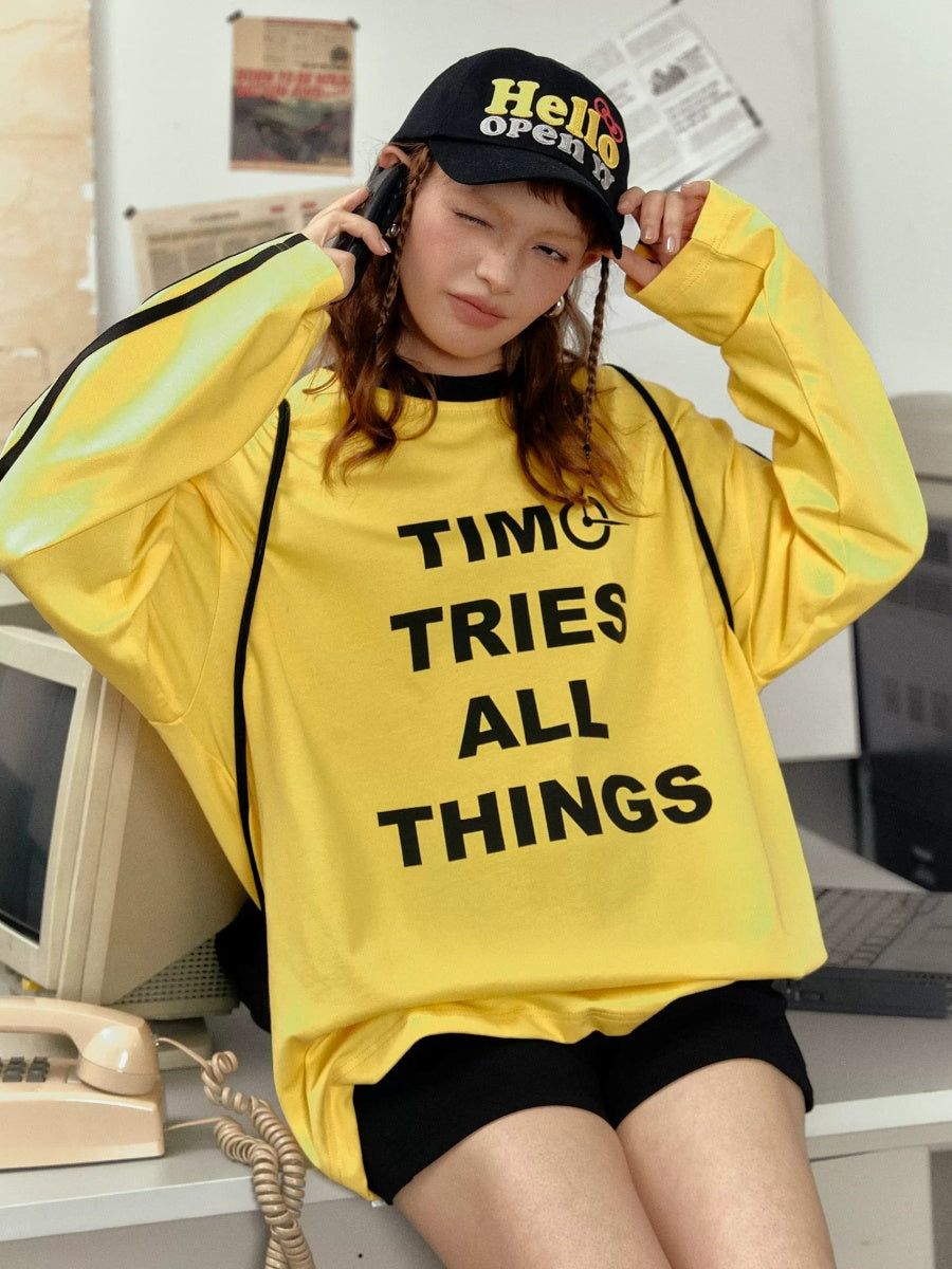 Three-Line Sleeve Letter Print Long T-Shirt EZ119