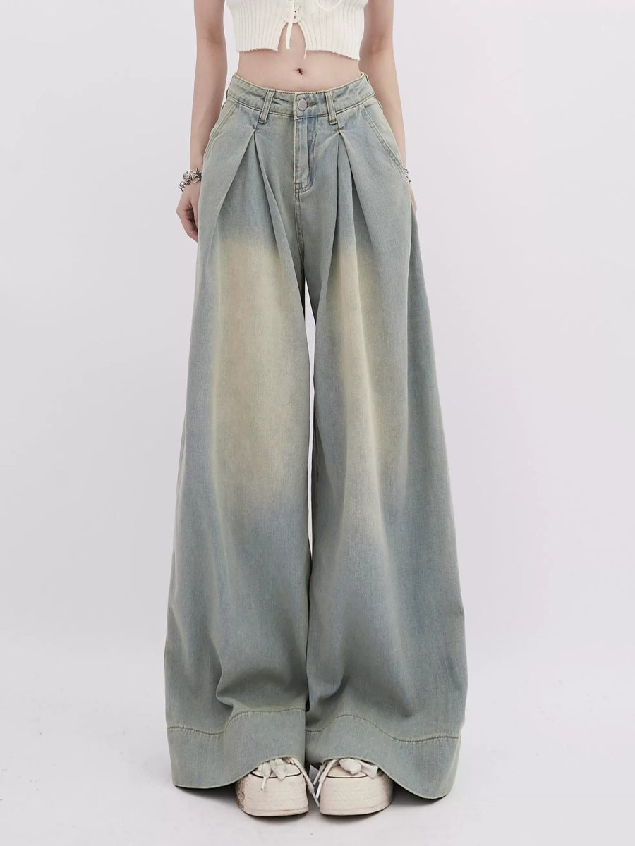 Tuck Waist Washed Distressed Wide-leg Jeans RH022