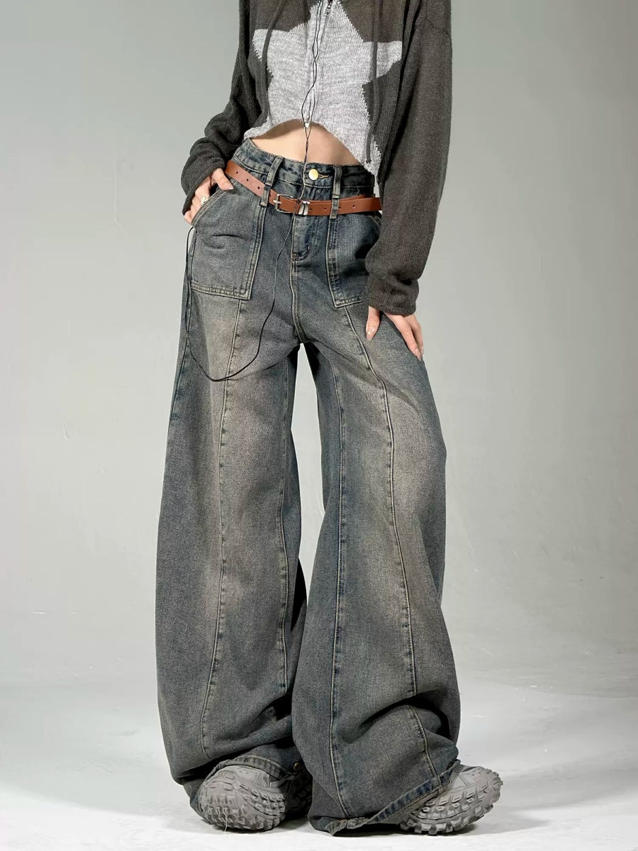 【10日以内お届け】Distressed Washed Wide-leg Stitch Work Jeans HG7123