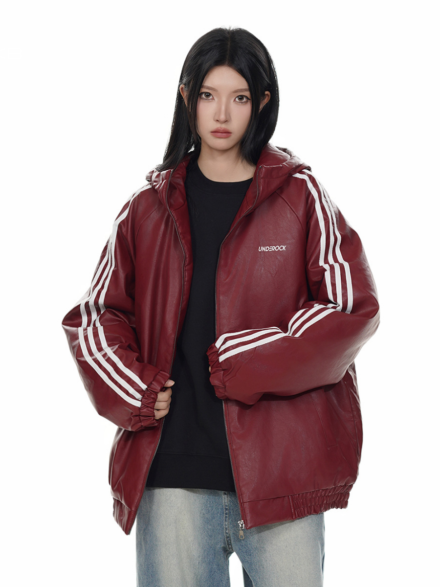 Stripe Sleeve PU Leather Hooded Jacket MW9743