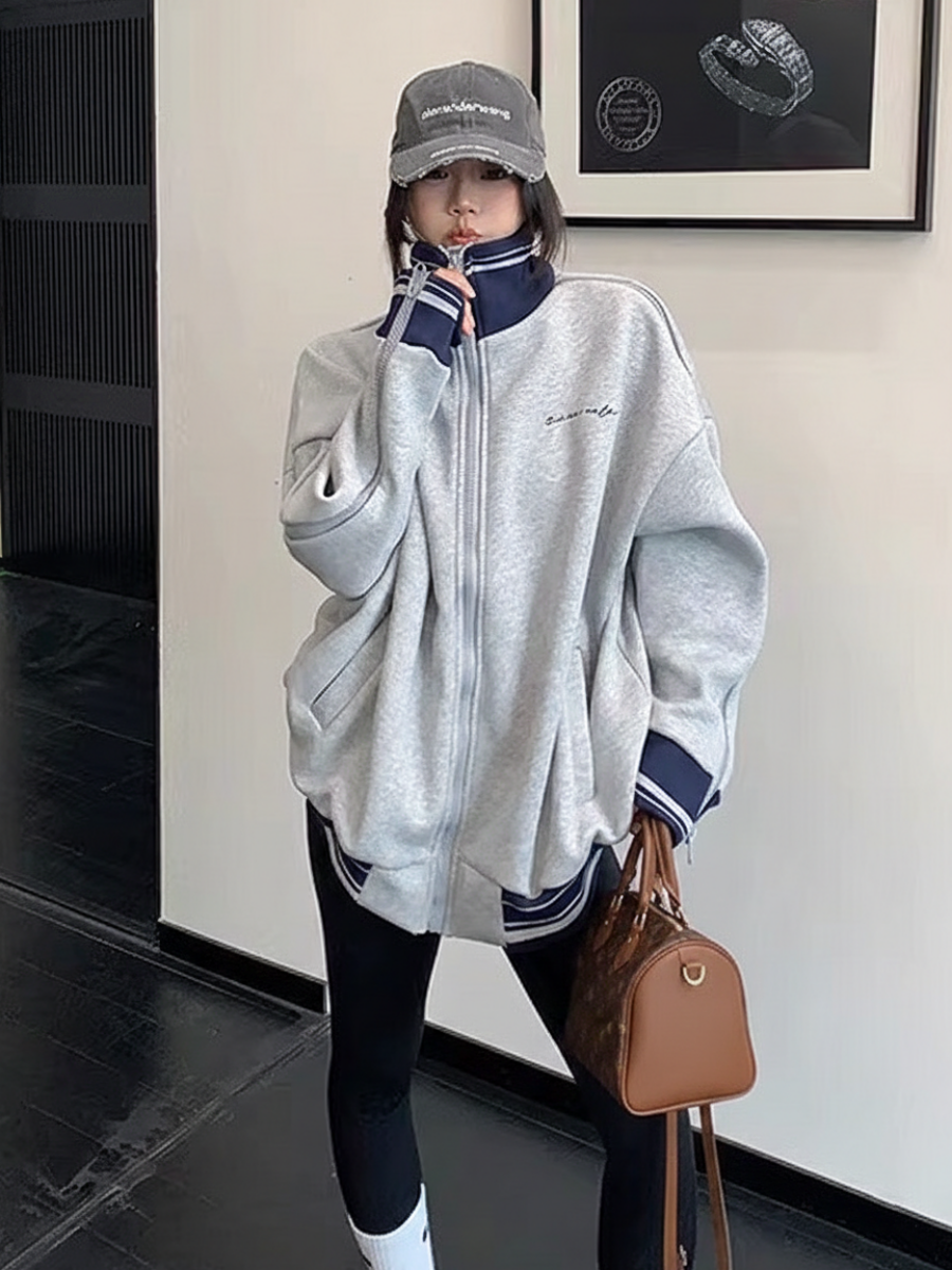 Zipper Accent Stand Collar Sweat Jacket OS2083