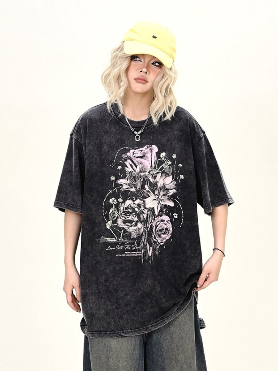 Skull Rose Print Wash Loose T-shirt MW9951