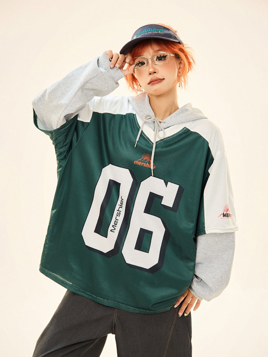 Vintage Fake Layered Sporty Hooded Pullover MW9333