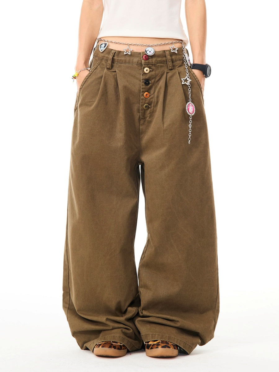 Color Button Wide Straight Pants MW10099