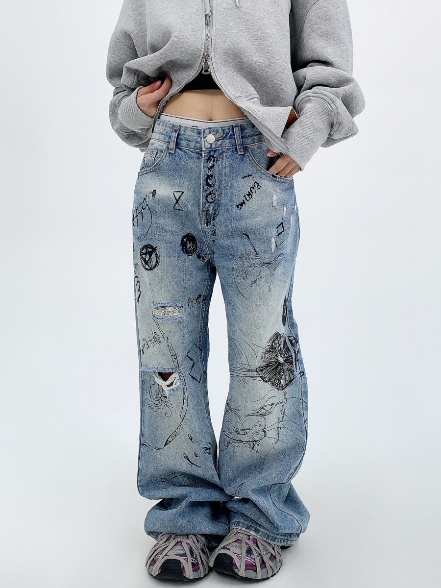 Damage Ripped Graffiti Jeans MW9563