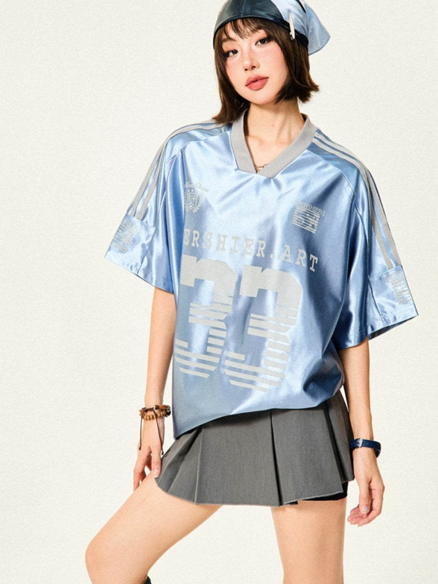 Loose V-Neck Sports Style Shiny T-Shirt YS7003