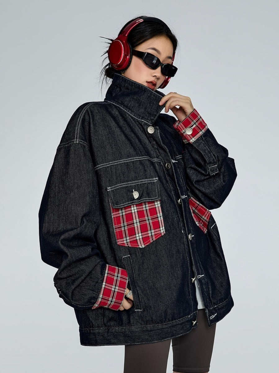 Plaid Patchwork Loose Denim Jacket MW9317