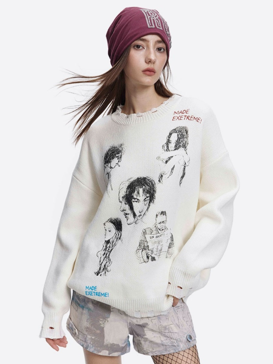 Sketch Print Art Design Loose Damage Sweater MW9617