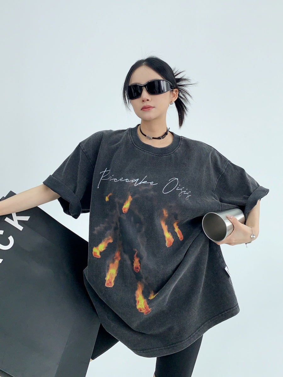 Distressed Flame Print  Oversize T-shirt MW9070