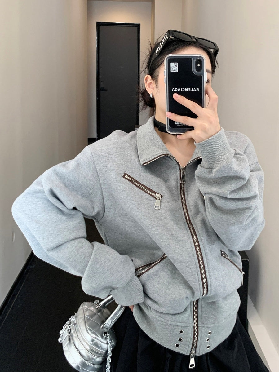 Stand Collar Short Zipper Sweat Jacket MW9468