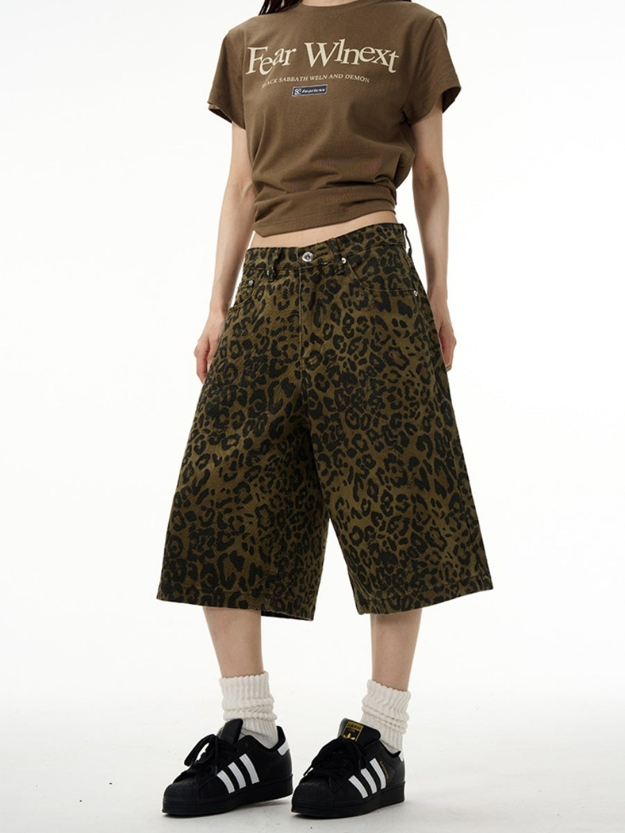 Leopard Print Loose Cropped Denim Short Pants MW9067