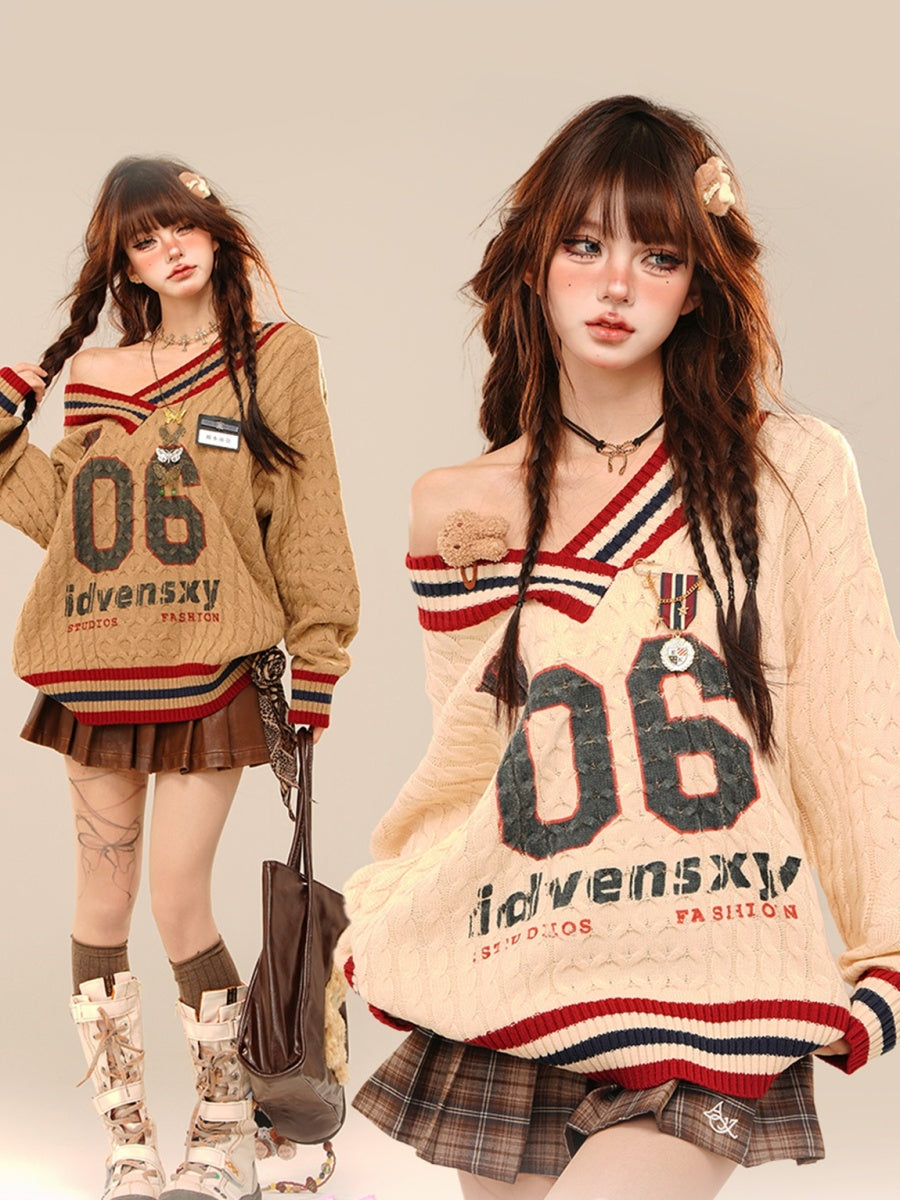 College Style Loose V-neck Cable Sweater KK2019