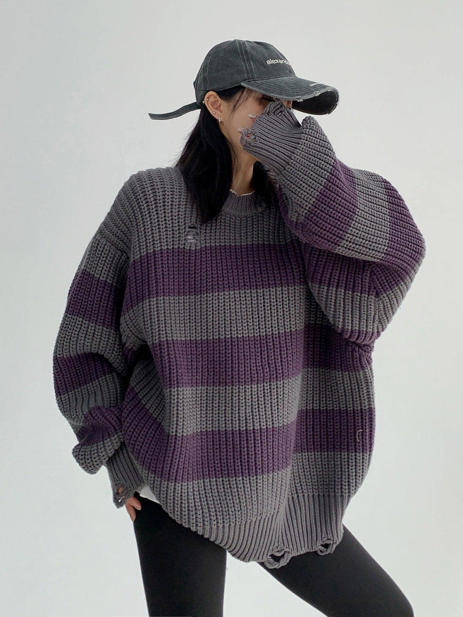 Thick Stripe Crew Neck Ripped Sweater MW9609