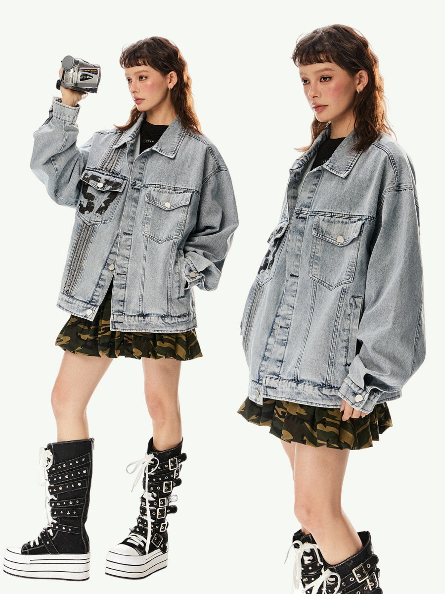 Number Print Oversize Denim Jacket EZ233