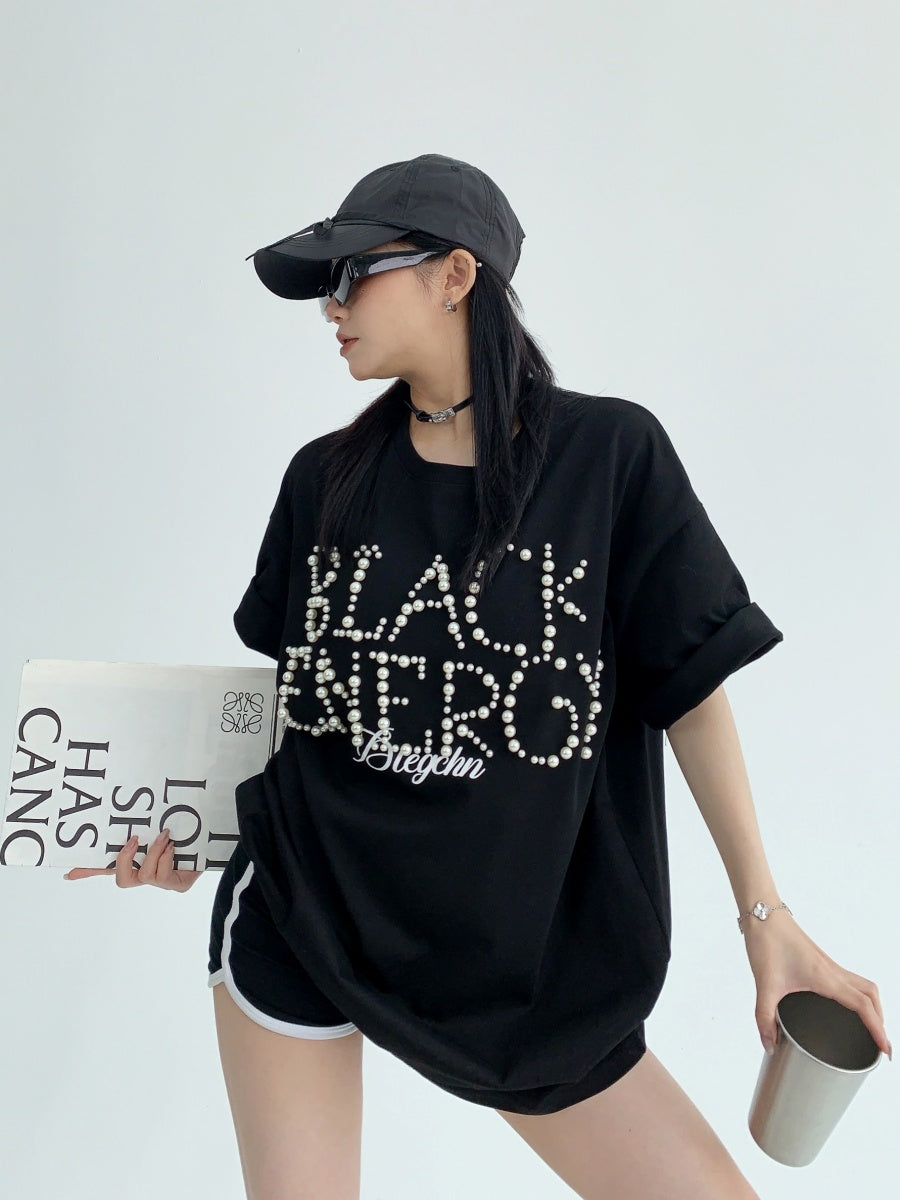 Pearl Lettering Short Sleeves T-Shirt MW9080