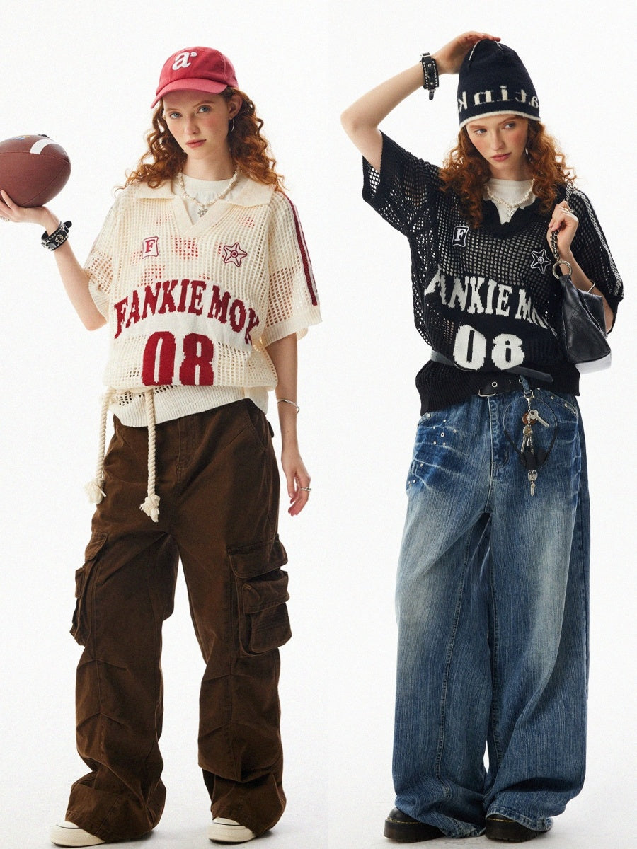 Mesh Cut-out Polo Collar Pullover MW10091