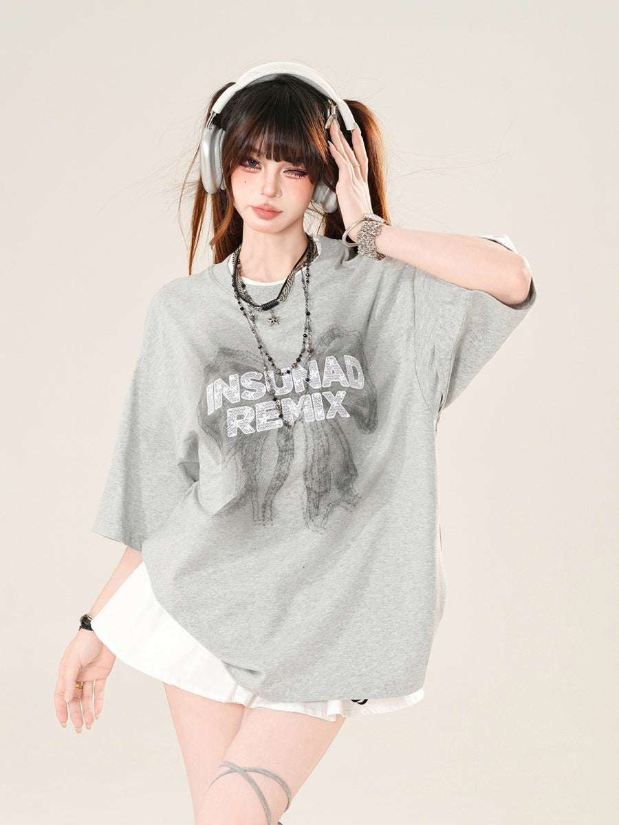 Ribbon Print Loose T-Shirt KK2029