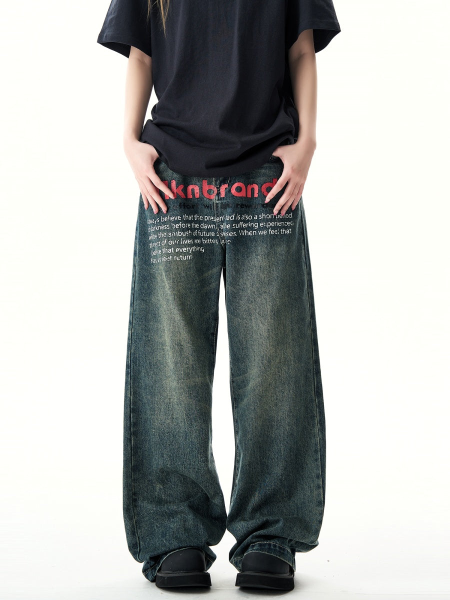 Niche Lettering Print Distressed Jeans HG7139