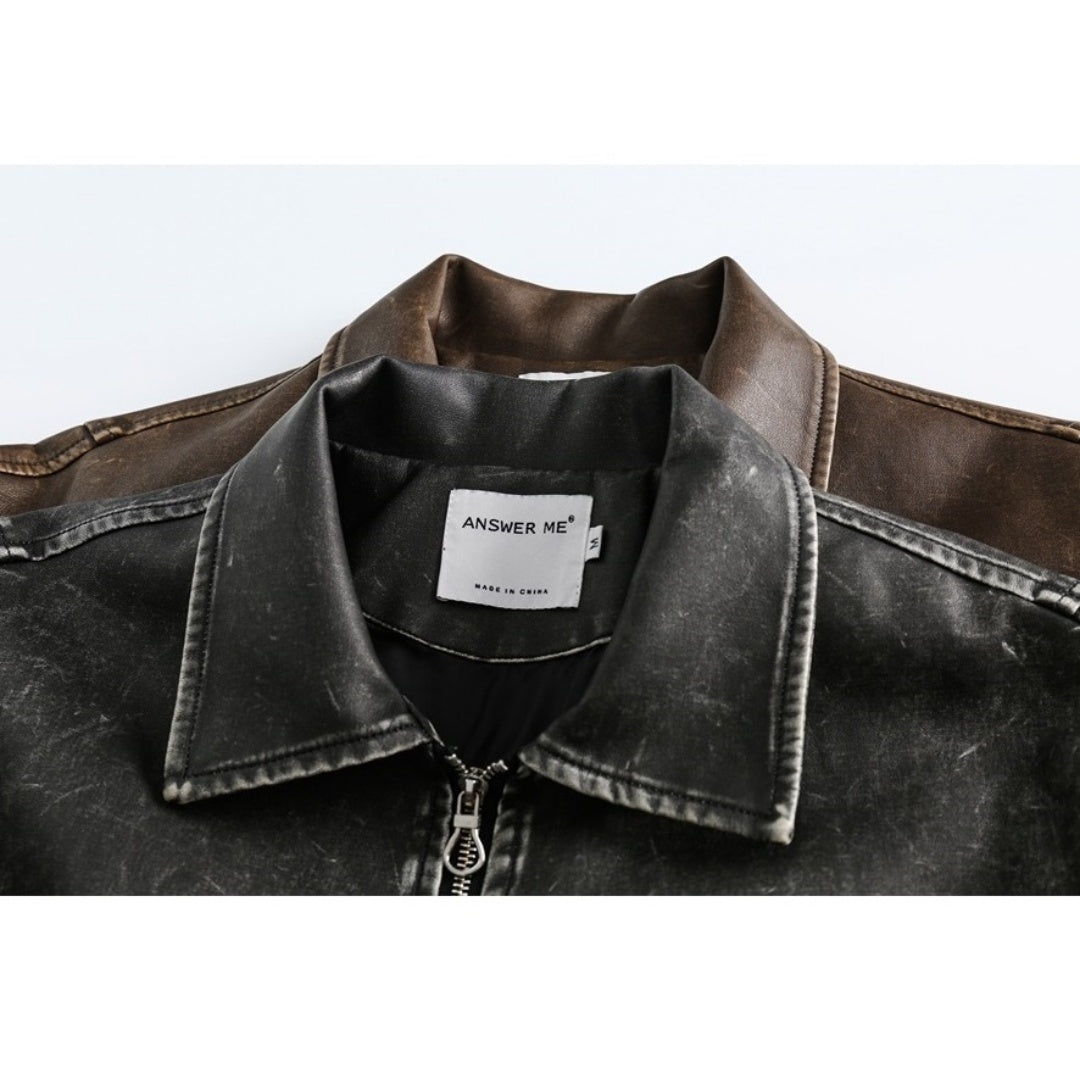 Retro Wash Distressed PU Leather Jacket W381