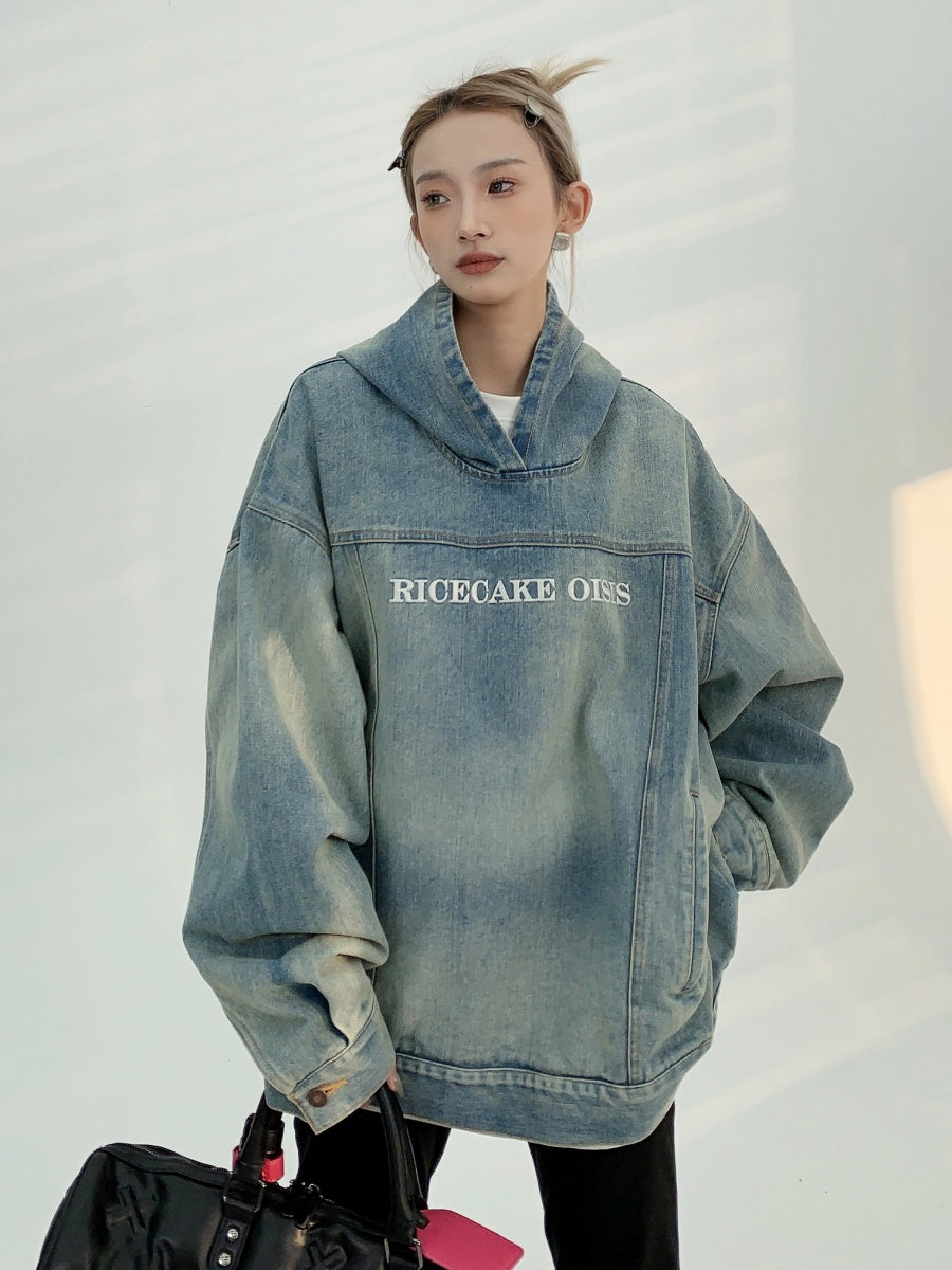 Embroidered Damage Denim Hooded Pullover Jacket MW9865