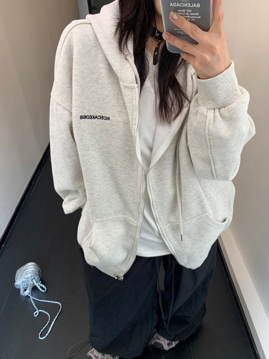 Oversize Lazy Embroidered Hooded Zip Parka MW9304