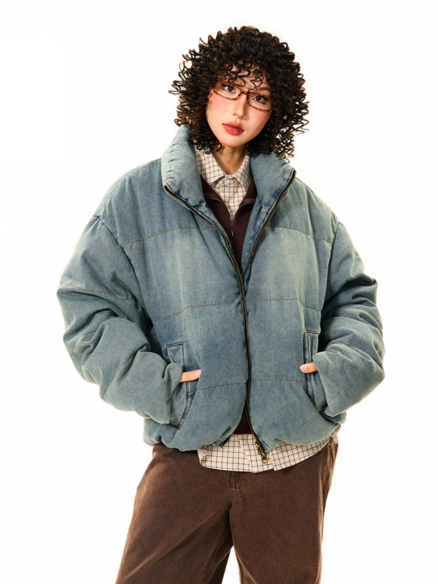 Retro Denim Color Stand Collar Down Jacket MW9724