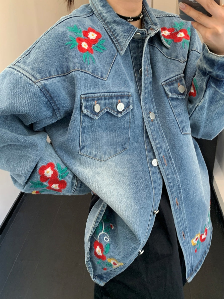 Flower Embroidered Denim Shirt Jacket MW9850