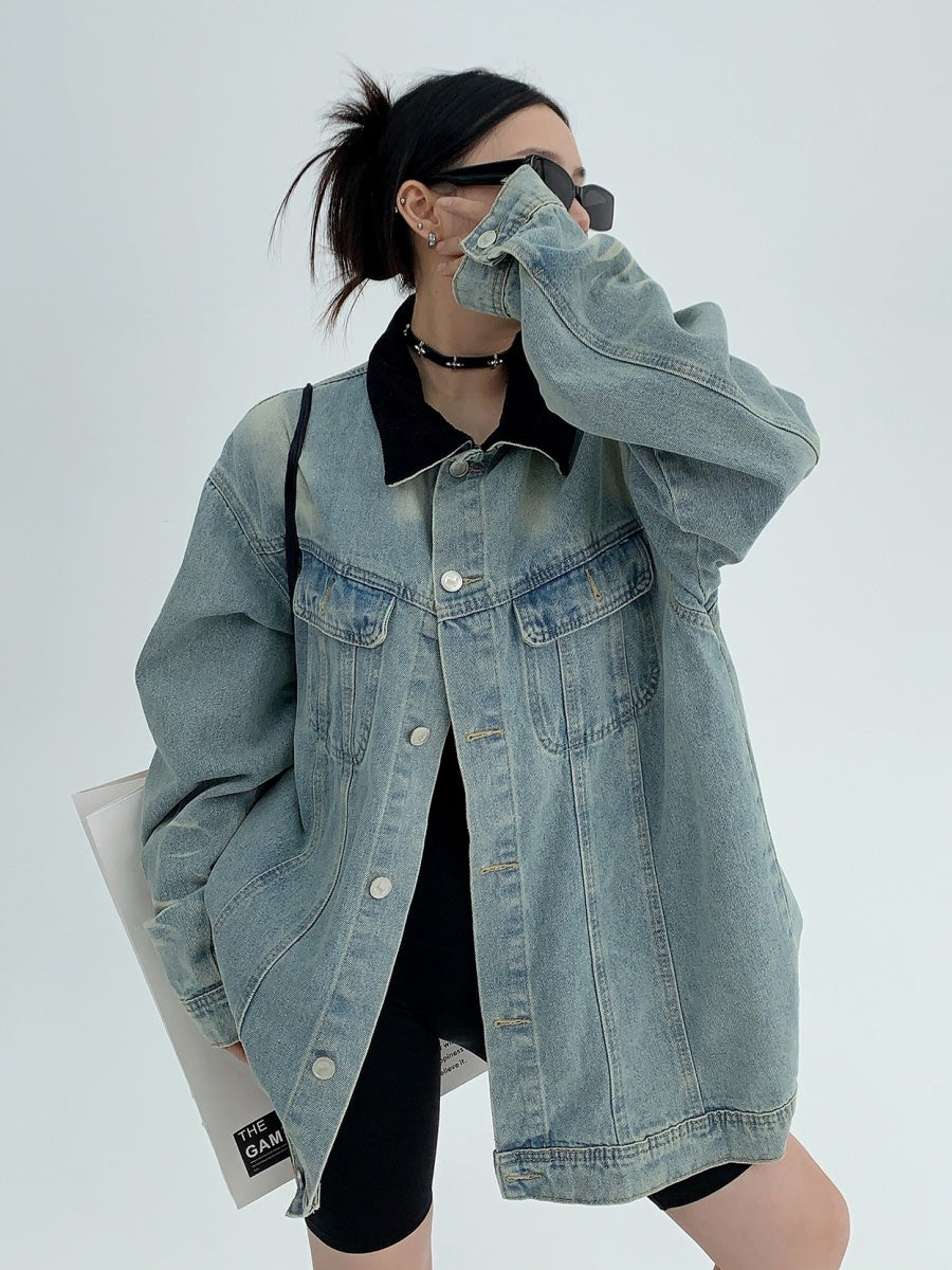 Corduroy Stitched Embroidered Loose Denim Jacket MW9355