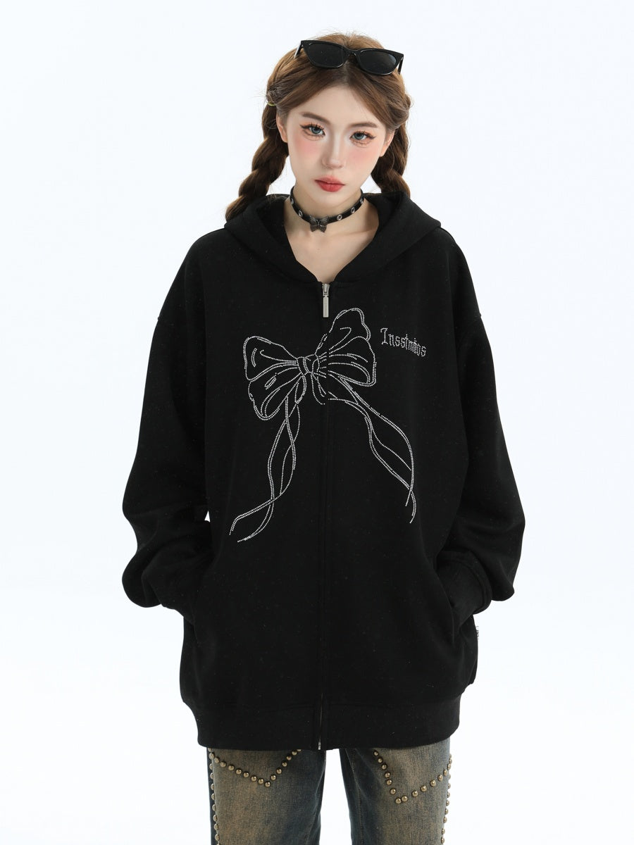 Rhinestone Bow Logo Loose Hooded Zip Parka IN7012