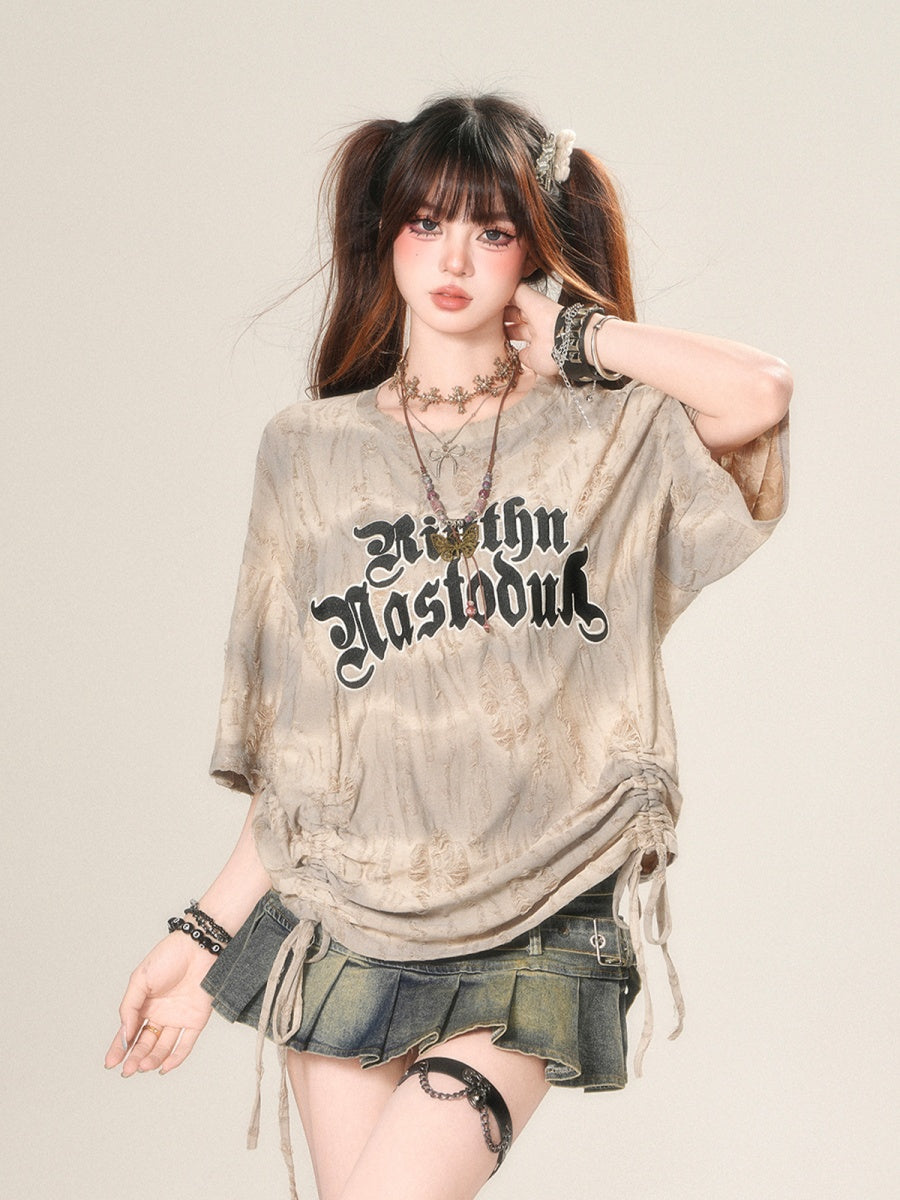 Drawstring Loose Ripped T-Shirt KK2048