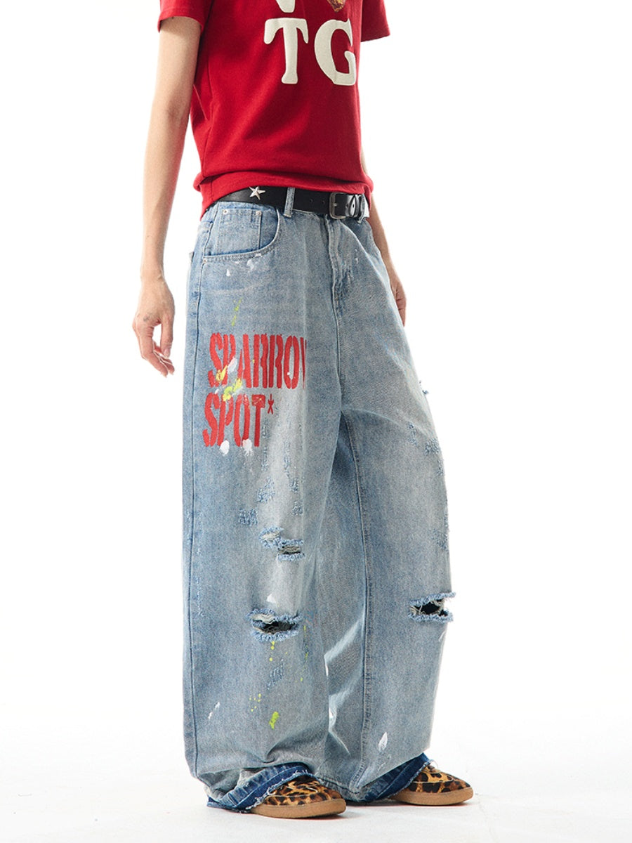 Washed Embroidered Ripped Paint Jeans MW9956