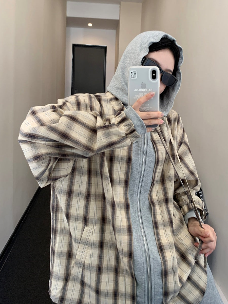 Plaid Fake Layered Sweat Hooded Shirts MW9305