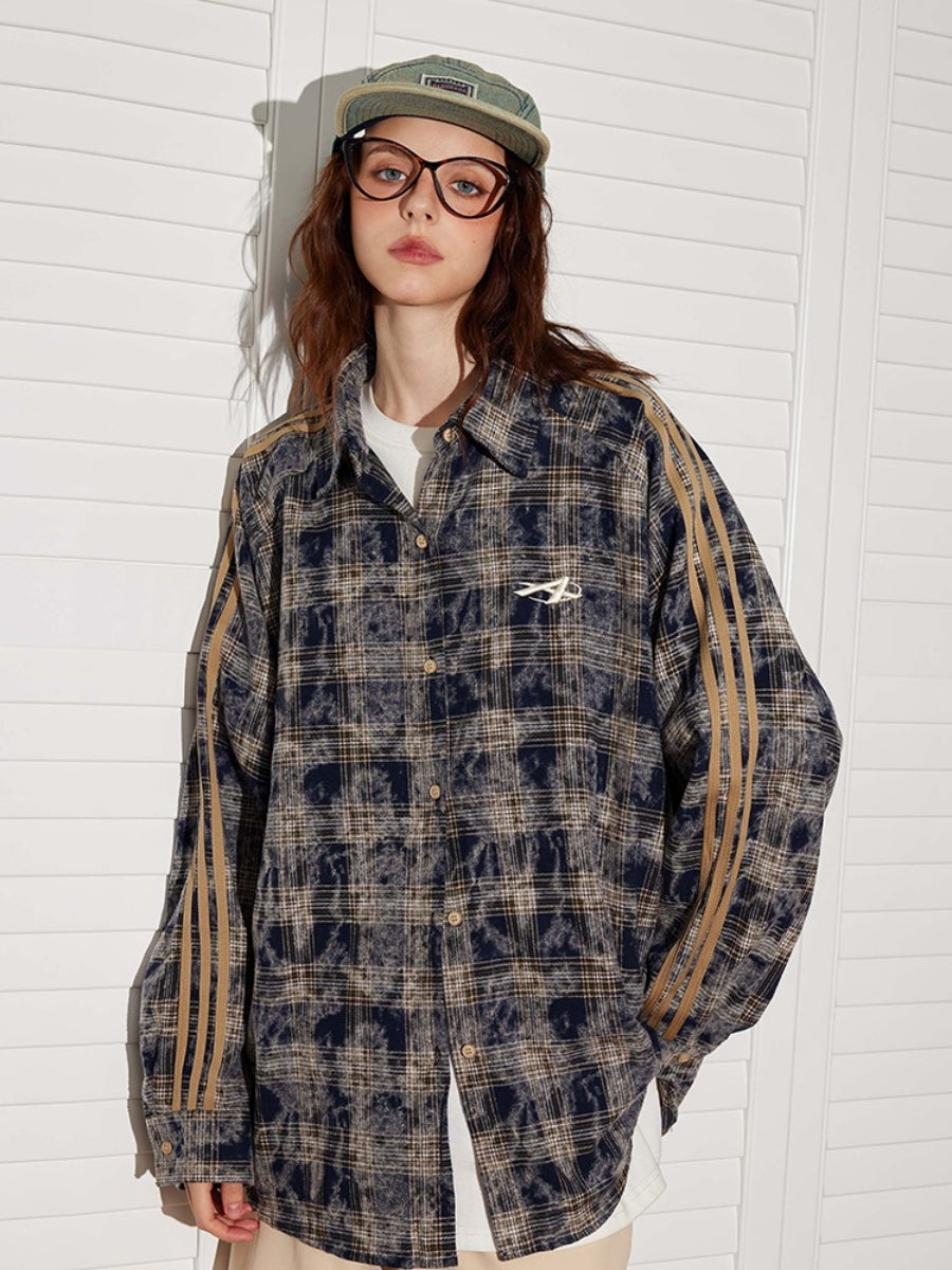 Contrast Stripe Panel Plaid Long-sleeved Shirt BT7019