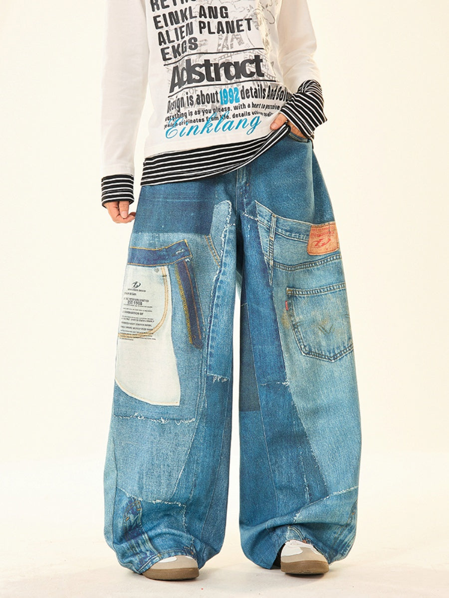 Patch Stitched Print Loose Straight Jeans MW9529