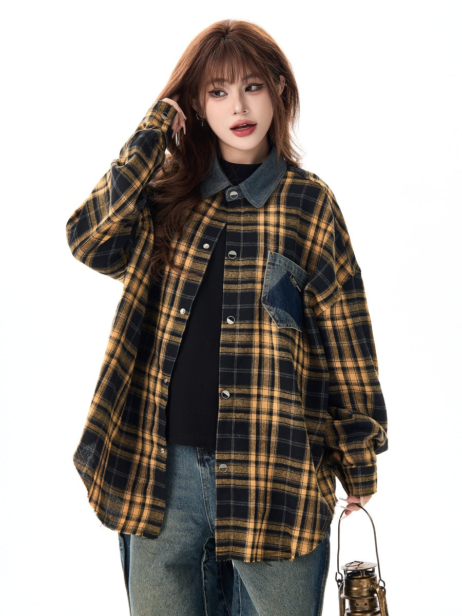 Plaid Denim Collar Loose Shirt MW9376