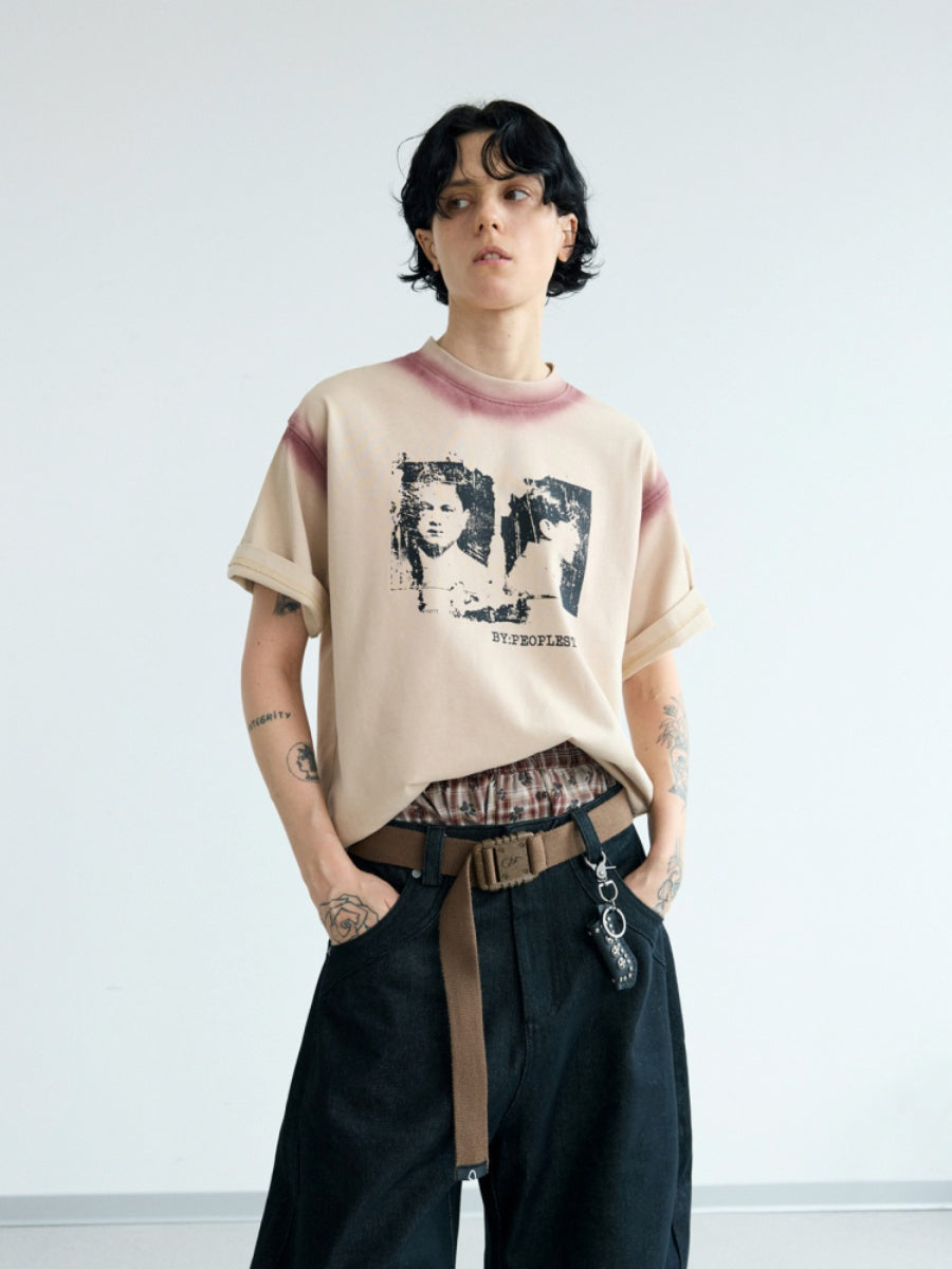 Hand-spray Contrasting Panel T-shirt PS7013