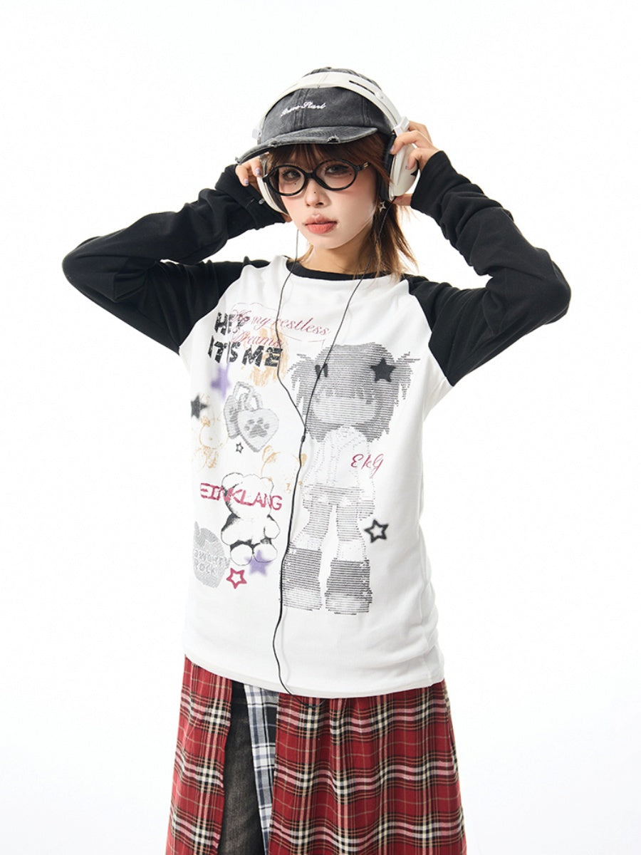 Cartoon Girl Raglan Long Sleeve T-Shirt MW10100