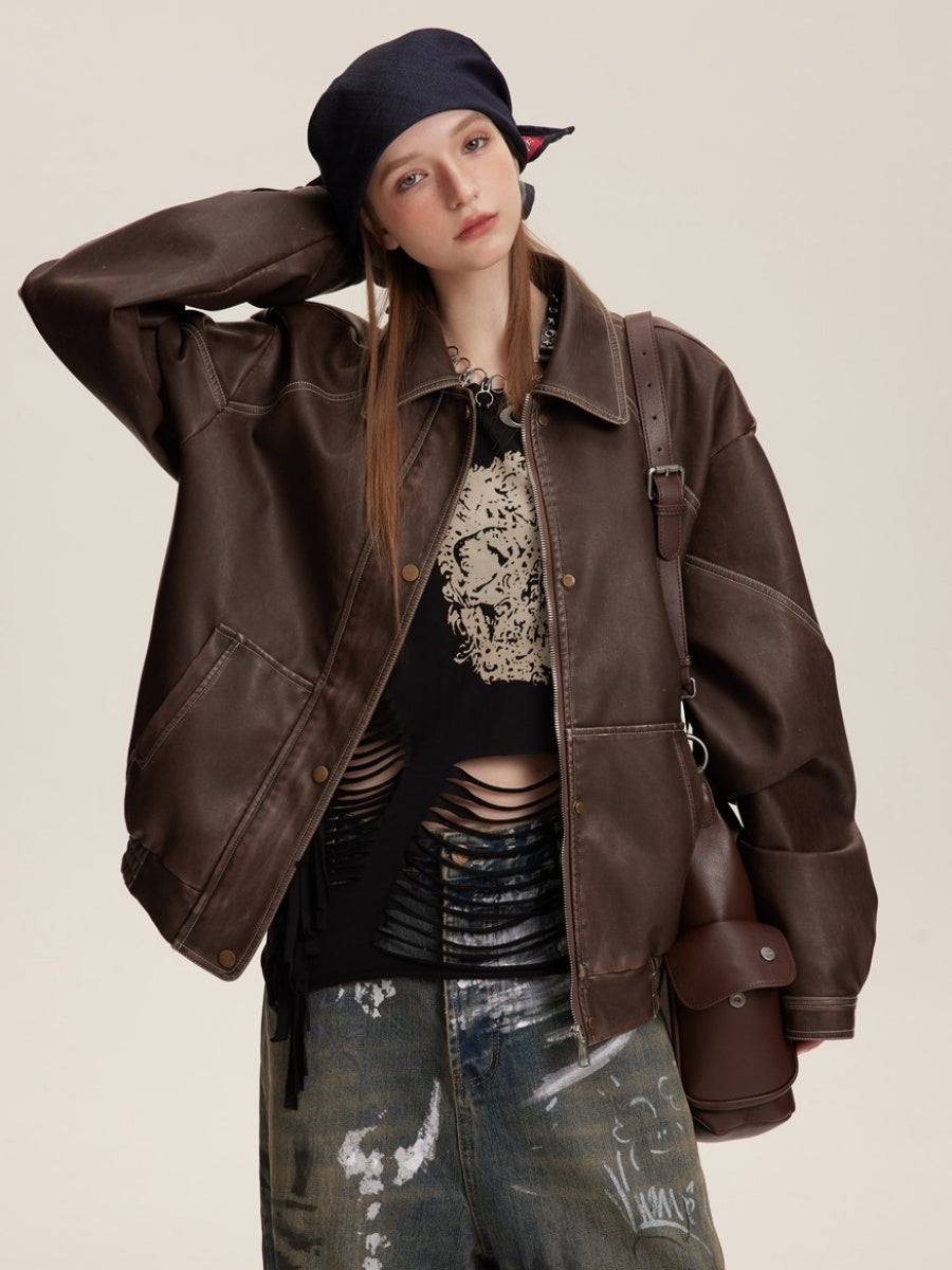 Loose Motorcycle Stitch PU Leather Jacket MW9579