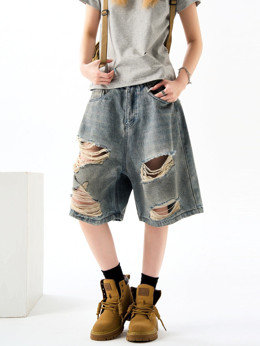 Street Distressed Ripped Denim Loose Half Pants HG7170