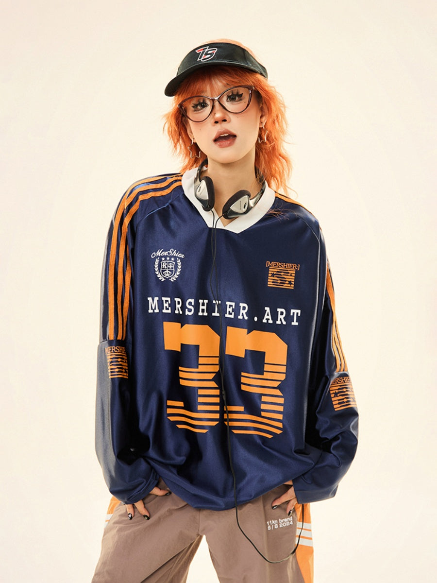 V-neck Sports Style Jersey Long-sleeved T-shirt MW9285