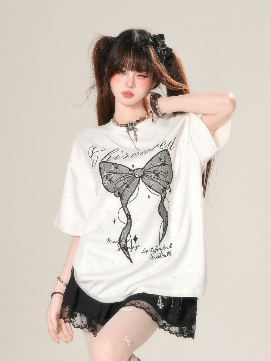 Lace Embroidery Big Ribbon T-Shirt KK2040