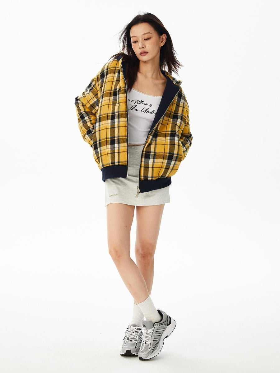 Reversible Plaid Hooded Zipper Jacket MW9732