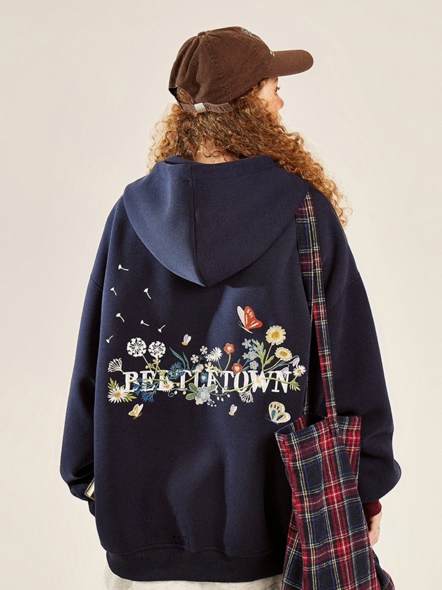 Back Floral Embroidered Zip Hooded Parka BT7032