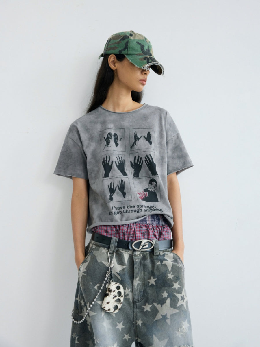 Vintage Cropped Print Washed T-shirt PS7014