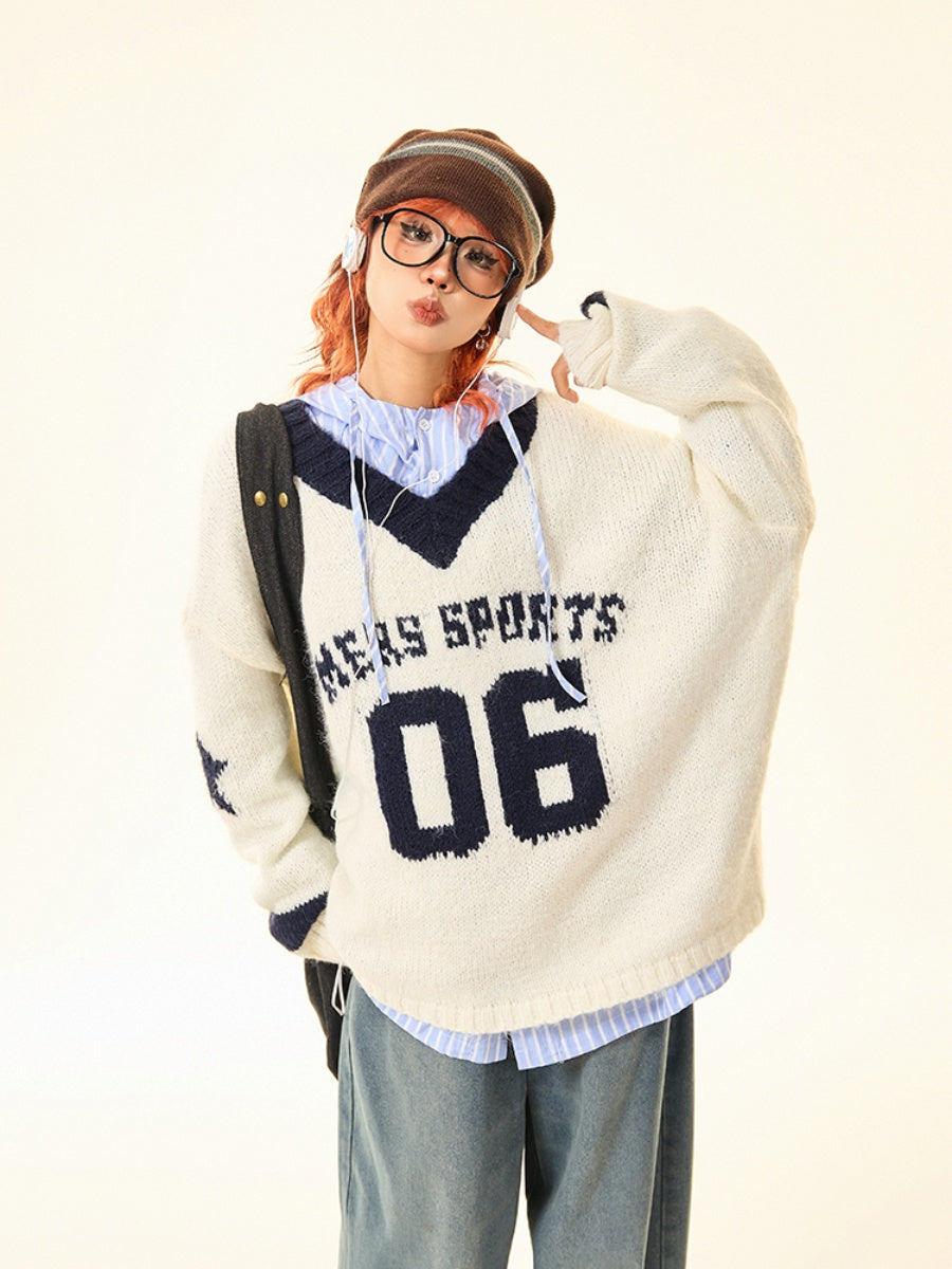 Vintage College Style Monogram Embroidered Sweater MW9428